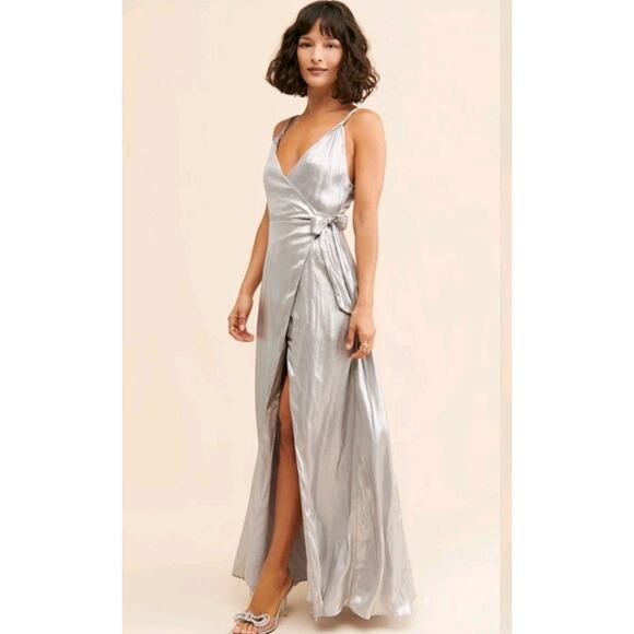 Free People Dresses & Skirts - Free People Jocelyn Dress Womens Sz 0 Silver Metallic Wrap Maxi Spaghetti Strap